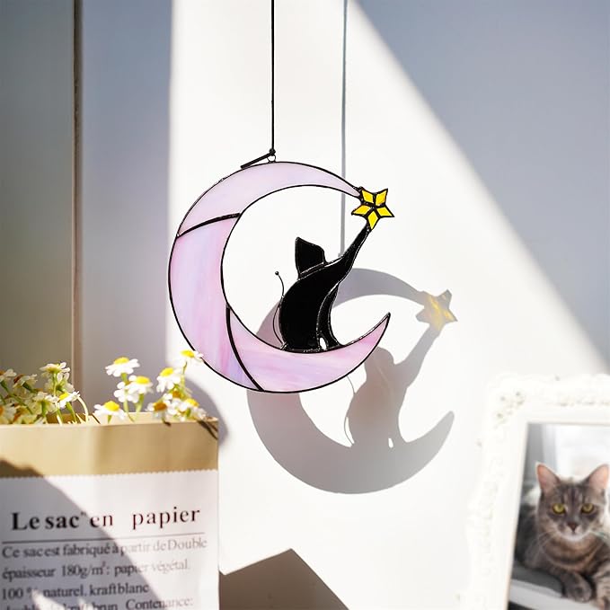 HDCRYSTALGIFTS 6.5'' Black Cat Decor on Purple Moon Stained Glass Window Hanging Suncatcher,Wall Art Glass Window Panel Sun Catcher,Halloween Ornament Decoration Memorial Gift for Lover Cat Loss