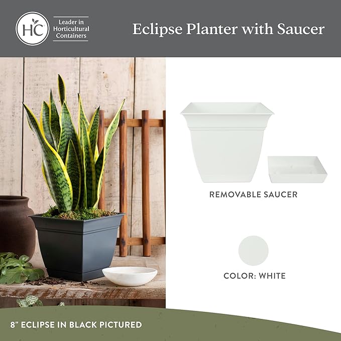 The HC Companies 12 Inch Eclipse Square Planter with Saucer – Indoor Outdoor Plant Pot for Flowers Vegetables Herbs, White