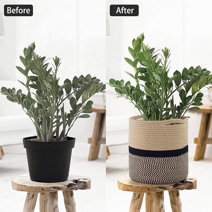 TIMEYARD Sturdy Jute Rope Plant Basket Modern Woven Basket for 11" Flower Pot Floor Indoor Planters, 12.5'' x 12.5'' Storage Organizer Basket Rustic Home Decor, Black and Beige Stripes