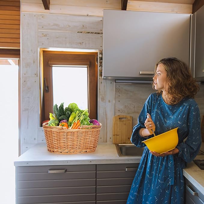 Wicker Picnic Basket with Double Folding Handles, Natural Large Willow Hamper Empty Basket Cheap Easter Eggs Candy Storage Wine Basket for Toy, Flower, Wedding(Grey 16inch)