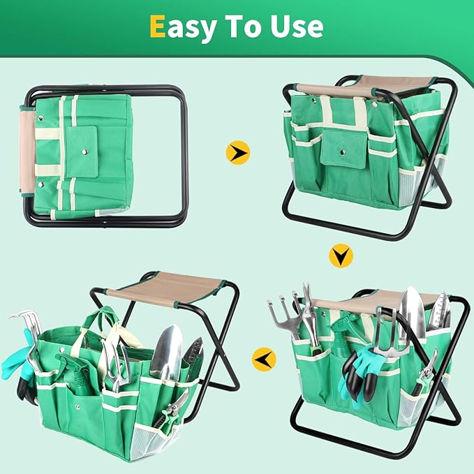 Kitness 9 PCS All-in-one Garden Tools Set Heavy Duty Cast-Aluminium Alloy Gardening Tools Kit with Folding Stool Seat&Detachable Canvas Tool Bag Great Gifts for Gardening