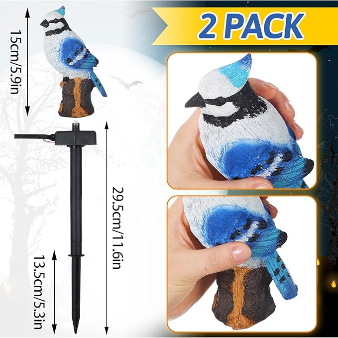 2 Pack Blue Jay Solar Lights Blue Jay Outdoor Decor Bluebird Solar Light Bird Figurine Garden Stake for Pathway Garden Lawn Yard Cemetery Decoration