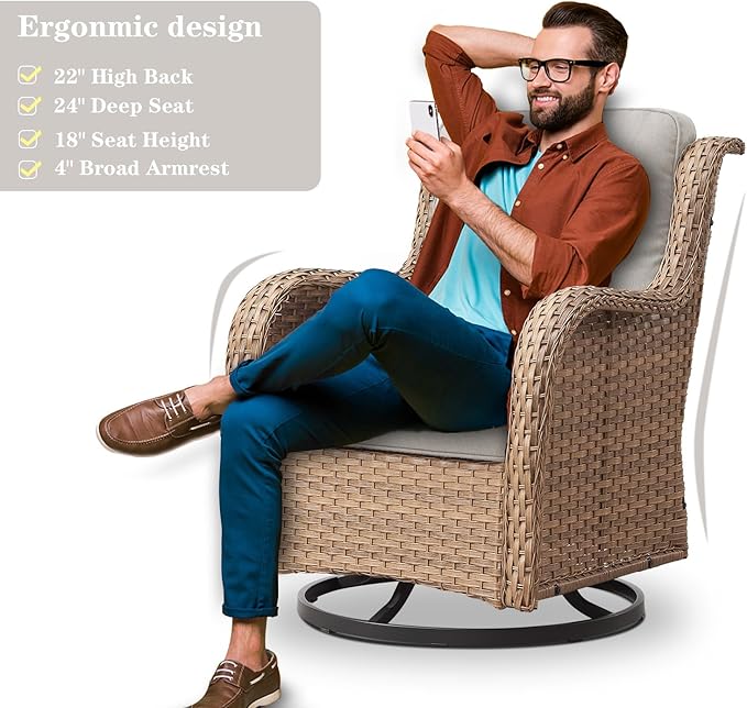 Wicker Outdoor Furniture Patio Furniture Set - 6 Piece Patio Conversation Set with Swivel Rocker Chairs, Loveseat Sofa, Ottomans and Coffee Table, Beige Cushion