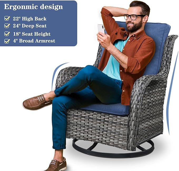 Wicker Outdoor Furniture Patio Furniture Set - 6 Piece Patio Conversation Set with Swivel Rocker Chairs, Rattan Sofa, Ottomans and Coffee Table, Blue Cushion