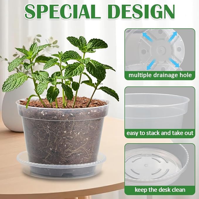 7 Pack 8 Inch Clear Nursery Pots with Saucer, Transparent Plastic Plant Pots with Drainage Holes, Sturdy Plant Starter Pots, Garden Planter Pot for Planting Succulents Flowers Herb Vegetables