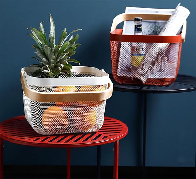 Metal Mesh Steel Basket, Storage Organizer Basket Multi-functional Hanging Kitchen Baskets Fruit Basket Bin with Bamboo Handle for Kitchen Bathroom Picnic Shopping Decor Cabinet Home, Red