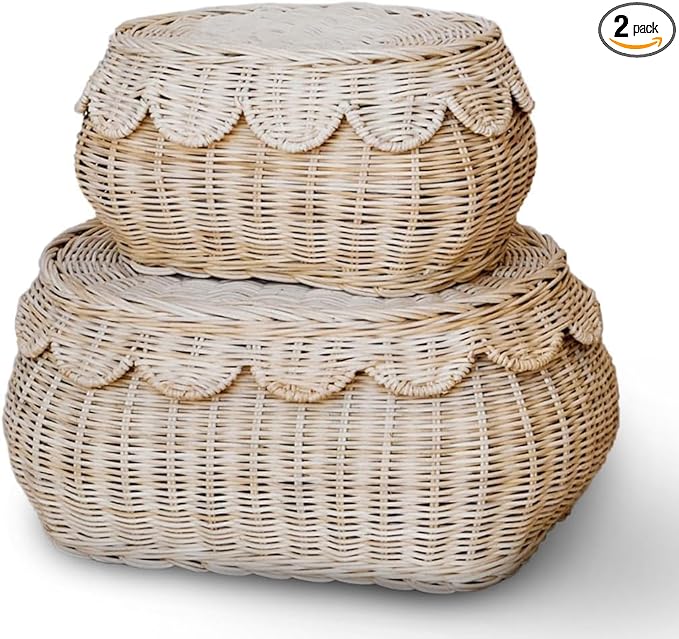 BEBE BASK The Original Scalloped Basket Set Of 2 – Small Scallop Basket - 15 x 10 x 6 In - Hand-Woven & Award-Winning - Elegant Wicker With Scalloped Edge Lid - Nursery Storage - (Natural)