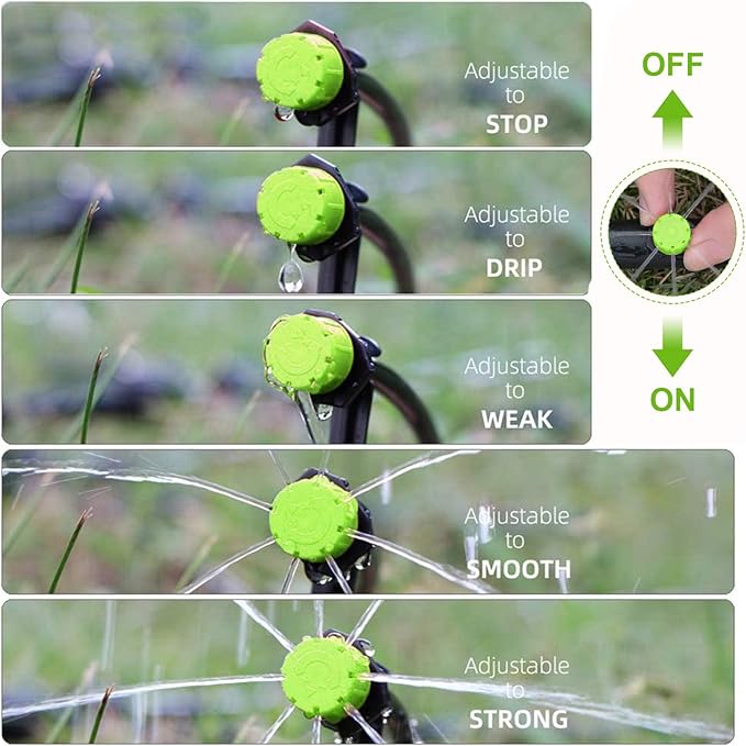 Kalolary 200Pcs Adjustable Irrigation Drippers, 1/4 Inch Barbed Drip Emitter 360 Degree Watering Sprinklers Anti-Clogging Drippers for 4mm/7mm Garden Watering System(Green)