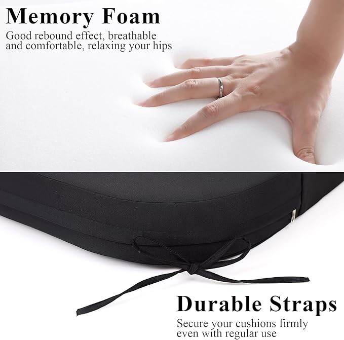 Outdoor Chair Cushions Set of 2, Waterproof Foam Patio Seat Cushions with Ties for Garden Sofa & Dining Furniture, 3-Year Color Fastness, 18x18x3 Inch, Black