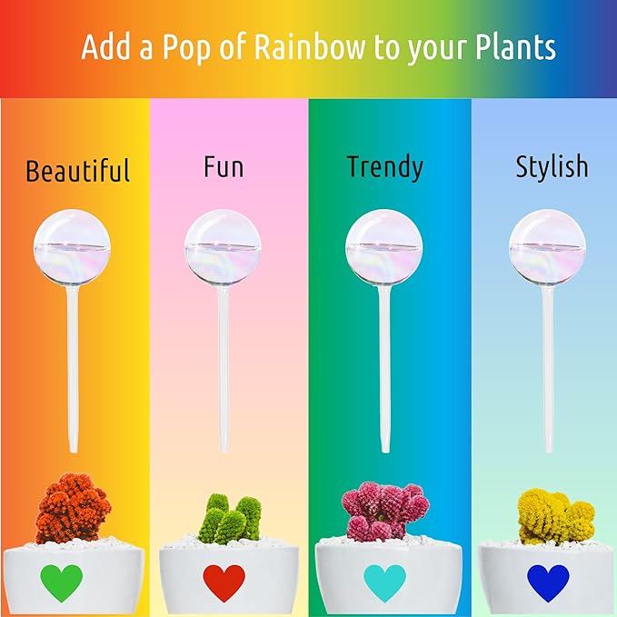 Plant Watering Globes - 4 Pieces Clear Rainbow. Decorative Self Watering Planter Inserts. Hand-Blown Durable Glass. Ideal Plant Lover Gift (4pk Medium)