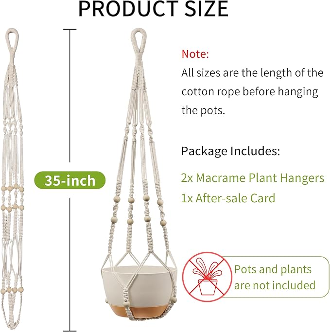 35 Inch Macrame Plant Hanger - Fits 4-13 Inch Pots, Supports Up to 22lbs, Sturdy Hanging Planter Holder for Indoor Outdoor, Boho Home Decor, 2 Pack, Ivory (POTS NOT Included)