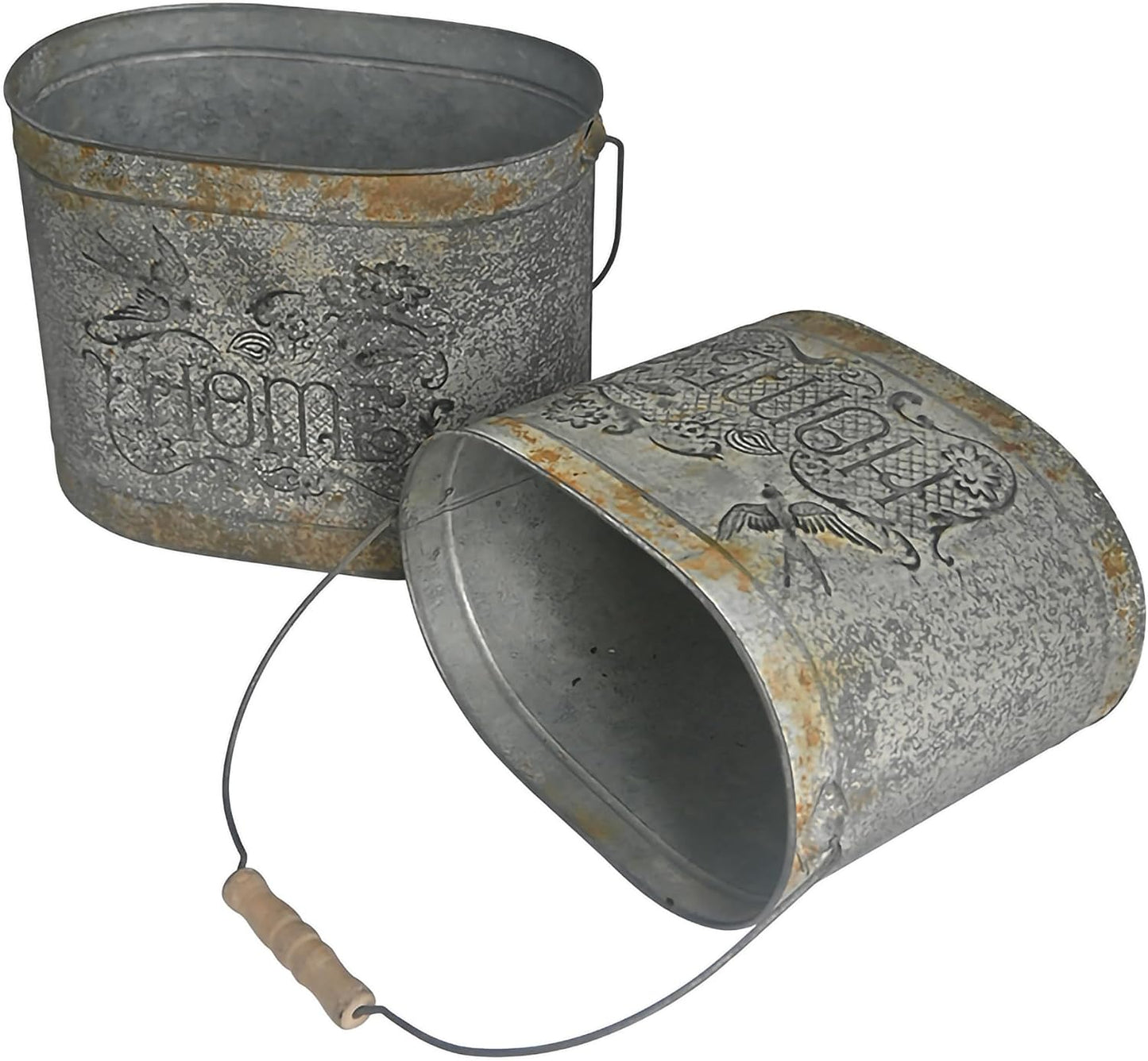 Set of 2 Vintage Distressed Metal Planter, Decorative Flower Buckets with Floral Embossing, Rustic Farmhouse Flower Pot for Herbs Succulents, Wedding Party Home Decor Accents