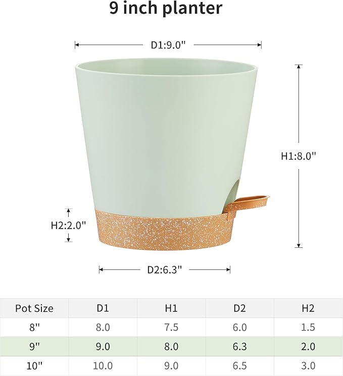 FaithLand 2-Pack 9 Inch Planter Pots for Indoor Outdoor Plants, Self Watering Flower Pots with Deep Reservoir, Green with Terracotta …