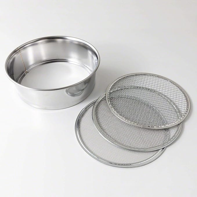Wazakura Soil Sifter for Gardening and Bonsai 3PCS Set, 8-1/4 in, Stainless Steel Garden Sieve and Compost Sifter for Topsoil, Akadama Soil, Fine Sand, Worm Castings. Portable Sifter for Rocks