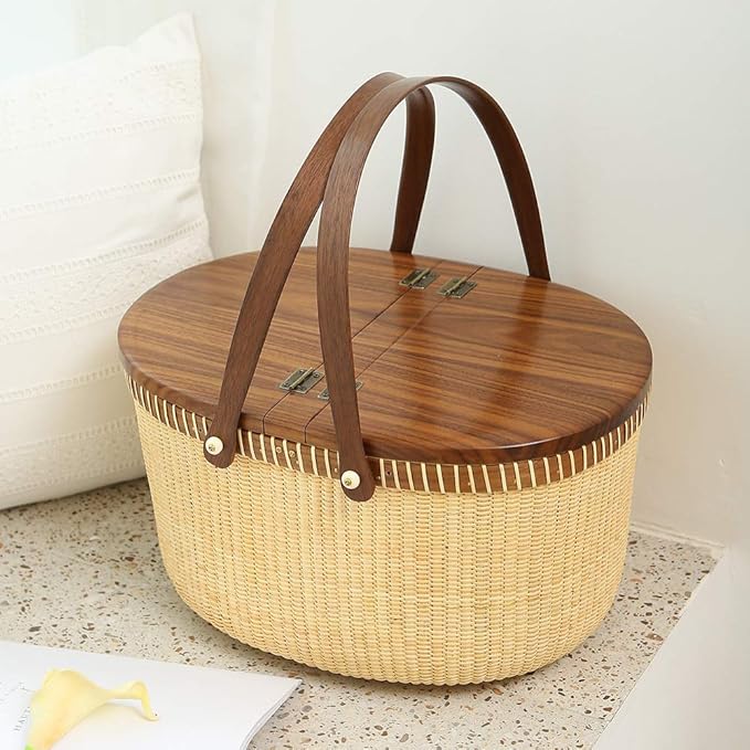 Nantucket Basket Crafts Cane-on-Cane Weave Picnic Basket Shopping Basket Basket Storage Basket Two Swing Handles (Black Walnut Activity Double Open)