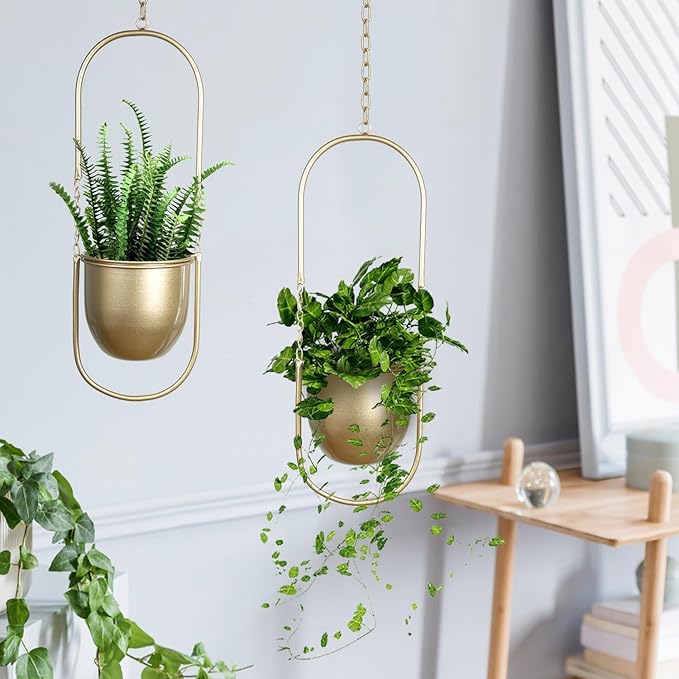 AceList Boho Hanging Planter for Indoor Plants - Set of 2 Gold Metal Wall Planter 5.7Inch with Hooks and Chins, Plant Hanger Decor for Window and Patio - Suitable for Hanging Plants Decor