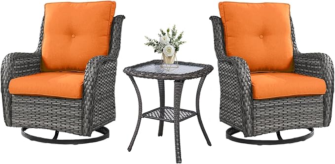 Outdoor Swivel Rocker Wicker Chairs Set of 3, High Back Swivel Patio Chairs Wicker Furniture Set, 2 PCS Rattan Swivel Rocking Chair with Side Table, Orange Cushion