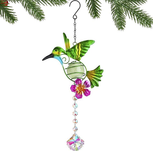 Stained Metal Hummingbird Suncatcher, Window Crystal Prisms Sun Catcher Hanging Ornament Rainbow Maker Bird Garden Wall Art Fence Decorations