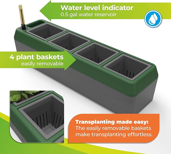 Provence Self Watering Planters – 4-Herb Window Boxes Planters with Water Level Indicator – Windowsill Planter – Modern Pot Design – Practical and Easy to Use, Grey, Dark Green (PRO-4)