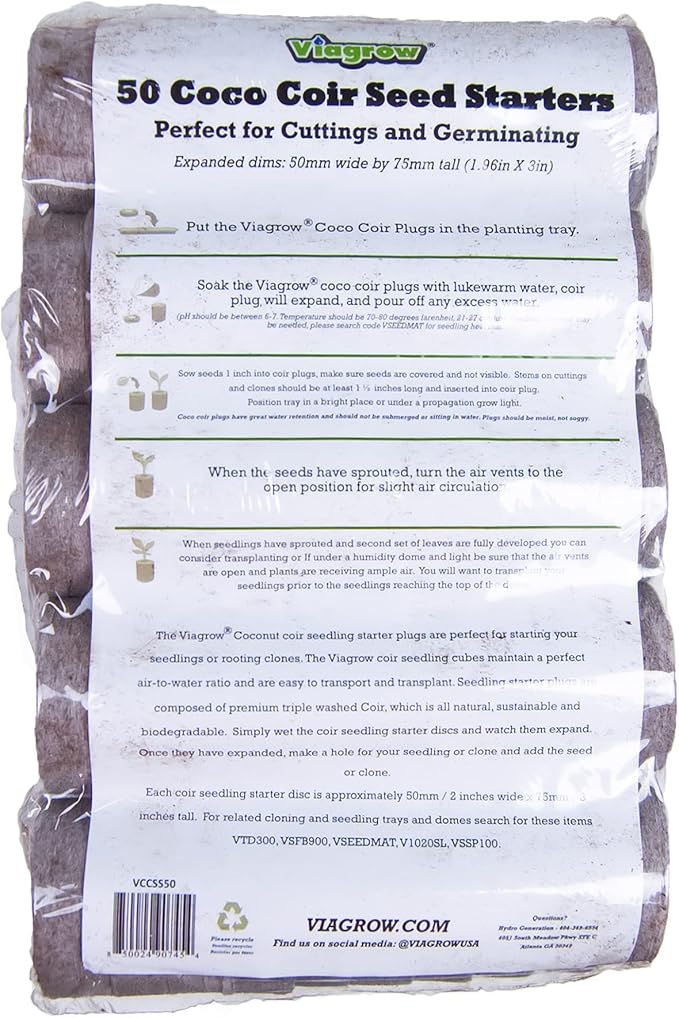 Viagrow Coco Coir Seed Starter Plugs, Sustainable Soil Pods, Expandable Coco Discs 50mm, 50-Pack