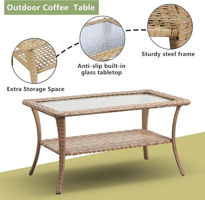 Outdoor Wicker Patio Furniture Set - 6 Piece Rattan Patio Conversation Set with 2 Rocking Swivel Chairs,2 Ottomans,1 Loveseat and 1 Coffee Table for Porch Deck Backyard Garden(Yellow/Beige)