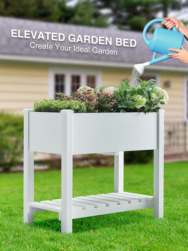 Psilvam Planter Box Raised Garden Bed, Poly Lumber Raised Garden Beds Outdoor with Storage Racks and Tarps, Superior to Cedar Elevated Garden Bed with Leg, for Balcony and Porch, 350 lbs Load (White)