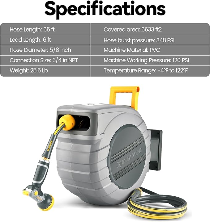 Retractable Garden Hose Reel 5/8 in x 65 ft, 2025 Upgraded Dual Ratchet Lock UV & Freeze Protection Brass Seal Slow Retraction Anti-Tangle Hose 180°Swivel Reinforced Scaffold Wall Mount