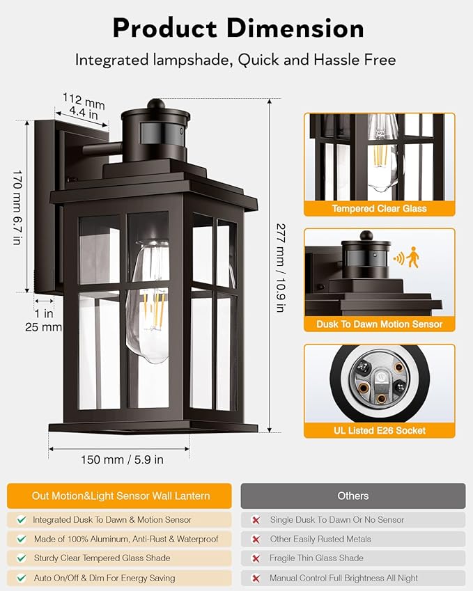 Motion Sensor Exterior Light Fixture, Bronze Dusk to Dawn Outdoor Wall Lights, Waterproof Exterior Lights for House, Porch, Doorway, Garage, 100% Aluminum