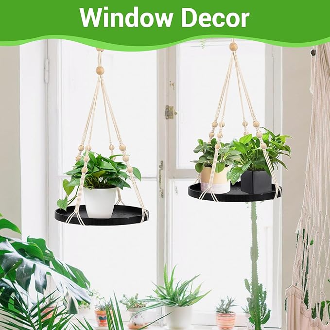 SUREAM 2 Packs Indoor Outdoor Hanging Plant Holder, Plant Holder Shelf with Large Tray, Plant Hanging Basket for Indoor Outdoor Plants, Window Wall Ceiling Home Decor (No Plant/Pot Included)