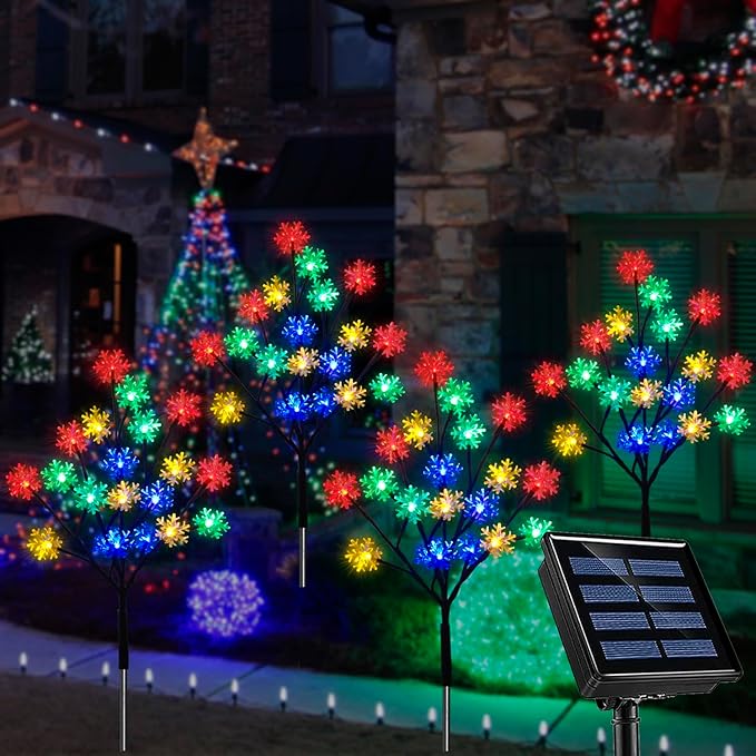 4-Packs 80LEDs Solar Snowflake Christmas Stake Lights, 8 Modes Wonderland Solar Snowflake Lights for Outdoor Christmas Decorations, Waterproof Solar Christmas Lights for Garden Yard Pathway Walkway