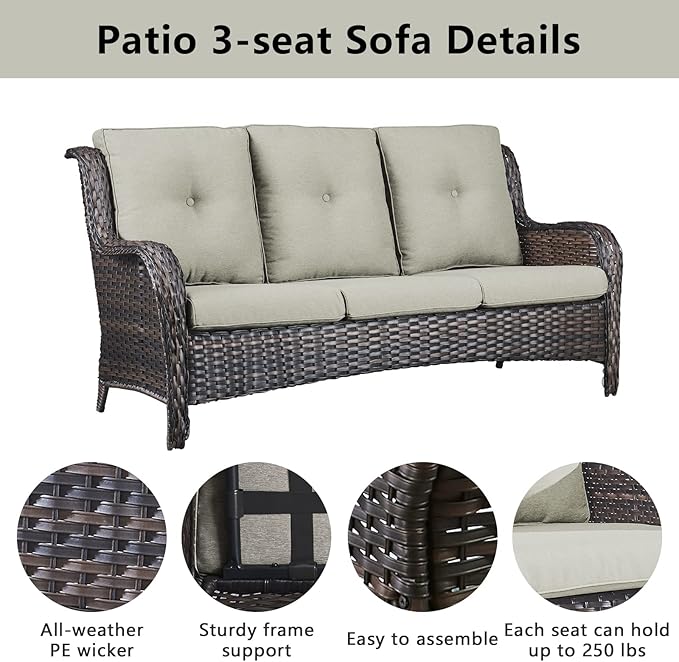 Outdoor Wicker Furniture Patio Set - 7 Piece Backyard Furniture Brown Rattan Conversation Sets with Swivel Rocker Chairs, Rattan Sofa, Club Chairs and Coffee Table, Beige Cushion