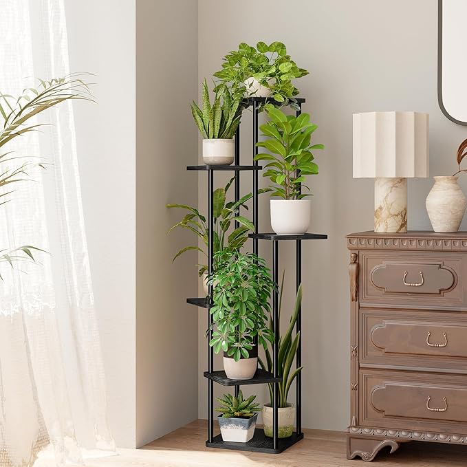 Bamworld 6 Tier Plant Stand Indoor, Tall Metal Plant Shelf for Multiple Plants, Corner Tiered Flower Stand for Patio Garden Balcony Living Room Bedroom(Black)