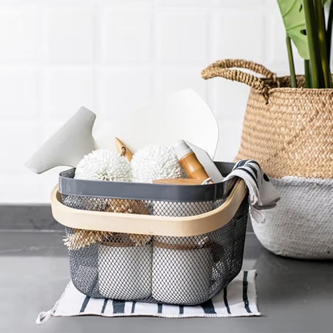 Metal Mesh Steel Basket, Storage Organizer Basket Multi-functional Hanging Kitchen Baskets Fruit Basket with Wooden Handle for Kitchen Bathroom Picnic Shopping Decor Cabinet Home, Grey