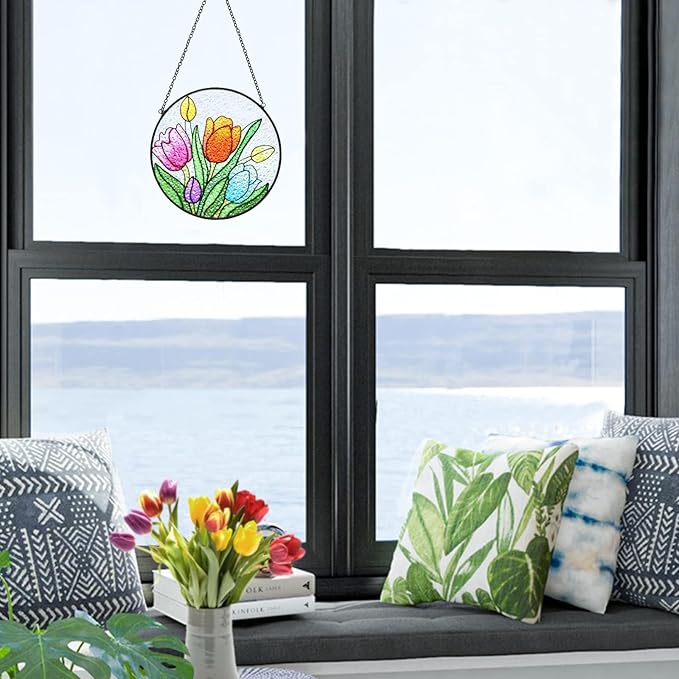 Tuitessine Tulip Suncatcher Stained Glass Window Hanging Panels, 6.3''x6.3'' Round Handmade Hanging Ornament with Chain, Garden Patio Wall Decor Flower Gift for Mom Teachers Friends