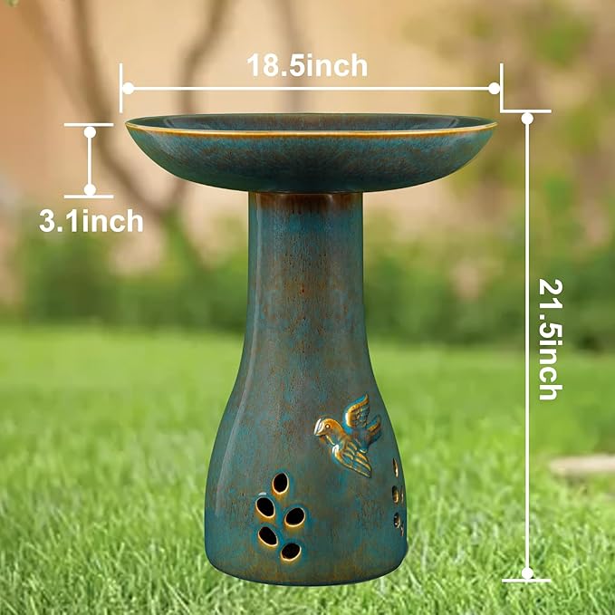 Ceramic Bird Bath for Outdoors, 21.5 inch Heavy Duty Bird Bath,Weather-Resistant Birdbath for Outdoor Garden Use, Attracts Birds, Elegant Yard Décor - Blue