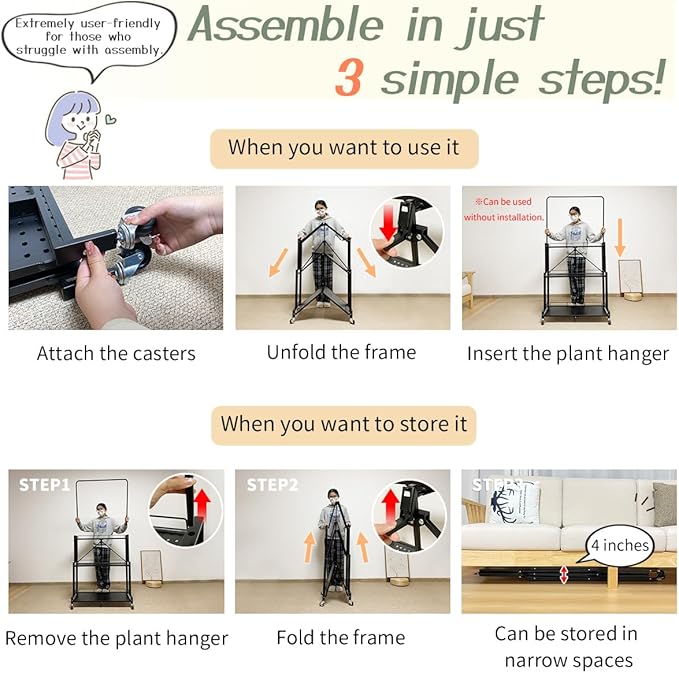 lumizone Foldable 4-Tier Plant Stand Indoor Outdoor Hanging Plant Shelf No Assembly Required Pot Placement Area With Wheels Sturdy Fall Prevention Storage Shelf Flower Pot Stand(4 Tier-White)