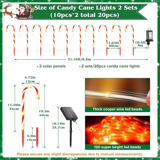 19.3in Christmas Candy Cane Lights with Adapter, 20 Pcs Pathway Light with Snowflake 8 Modes, Outdoor Christmas Decorations for Outside Path, Walkway, Driveway, Sidewalk, Porch, Yard, Garden