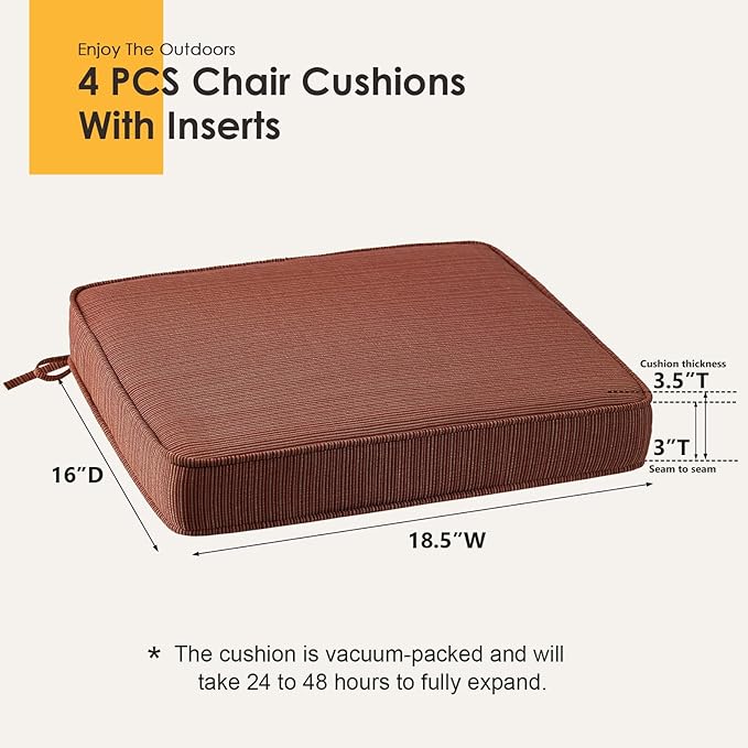 Outdoor Square Corner Seat Cushion, 18.5"x16"x3", Set of 4, Non Slip Seat Cushion Pads with Removable Cover for Patio Furniture, Garden Yard Lawn, Dark Yellow Tan Stripe
