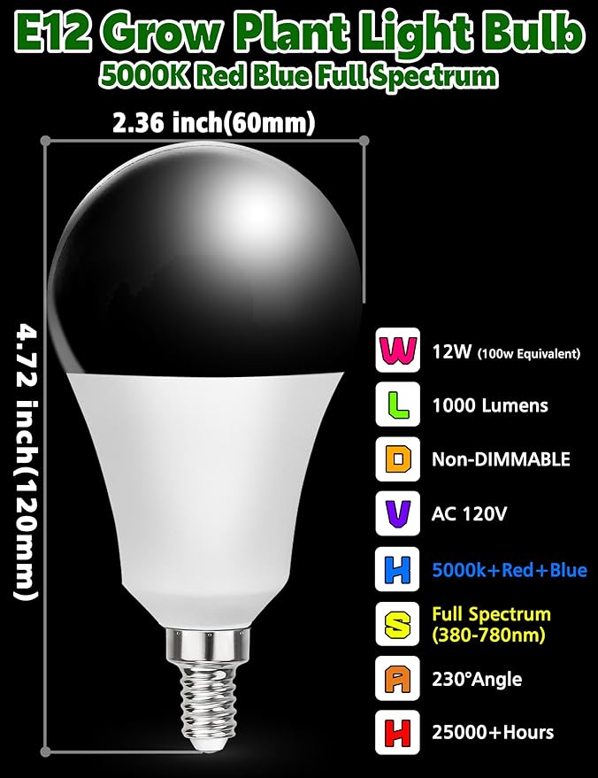 Grow LED Light Bulbs Full Spectrum, E12 12W Small Candelabra Plant Growing Bulbs 100w Equivalent, Balanced Spectrum 5000K Blue Red Sun Grow Plant Bulbs for Flowers,Seed Starting,Indoor Growing,6Pcs