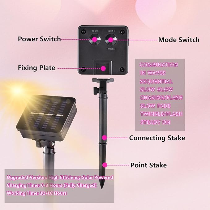 2 Pack 400 LED Solar Pink String Lights Valentine Decor, 8 Modes Solar String Lights for Outside, Waterproof and Solar Powered Outdoor Lights for Valentine Yard Garden Tree Wedding Party (Pink)