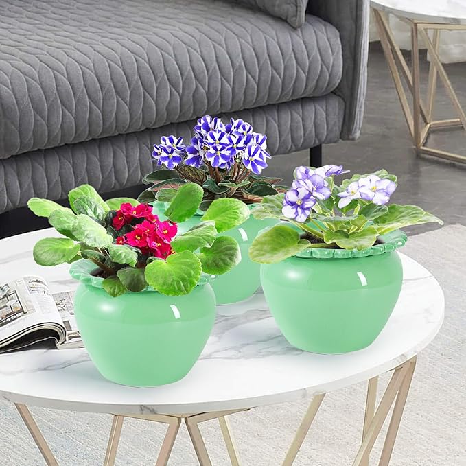 Large African Violet Pots 8 Inch Green Ceramic Easy Plant Self Watering Pot Ceramic Flowerpot with Water Absorbing Inner Pot Orchid Planter for Valentine's Day