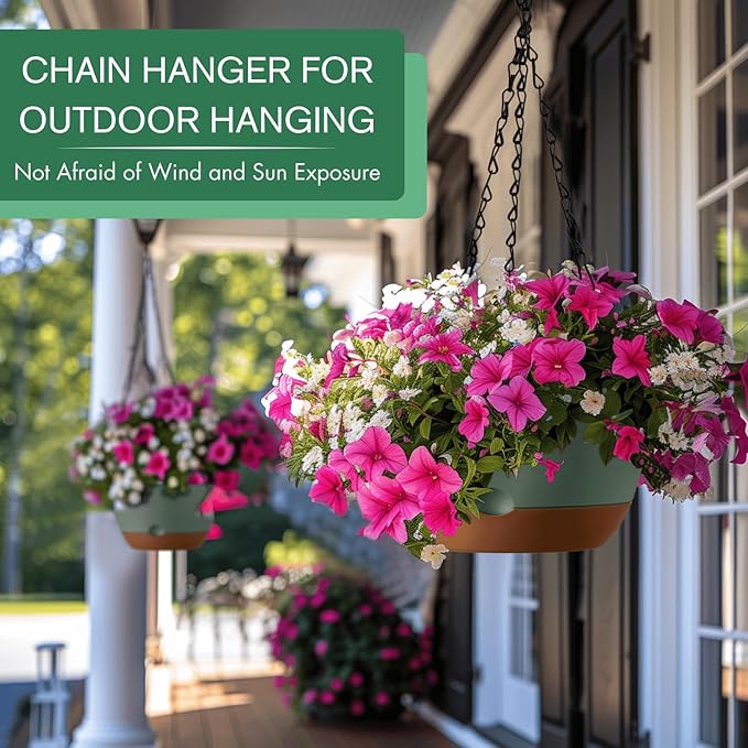 Set of 2-8 Inch Hanging Planters for Indoor Plants with Self-Watering Includes Hanging Pots for Plants, Outdoor Hanging Plant Pot with Drainage, and 2 Types of Hanging Baskets Hangers (Green)