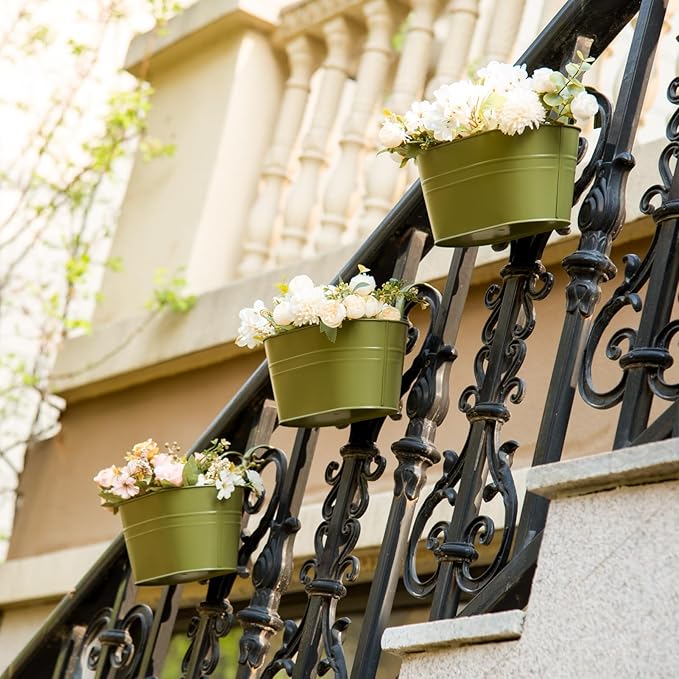 5 Pack Metal Hanging Flower Pots for Railing Fence,Outdoor Balcony Rail Planter with Garden Tools Detachable Hooks Drainage Holes for Deck Garden Home Decor Green