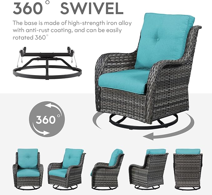 Outdoor Swivel Rcoker Wicker Chairs - Swivel Patio Chairs Set of 2 Patio Furniture Sets with Covered Cushion for Porch Deck Balcony Backyard, Turquoise Cushion