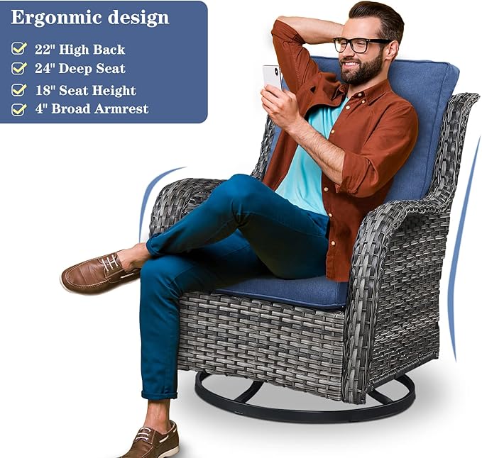 Outdoor Wicker Furniture Patio Set - 7 Piece Backyard Furniture Grey Rattan Conversation Sets with Swivel Rocker Chairs, Rattan Sofa, Club Chairs and Coffee Table, Blue Cushion