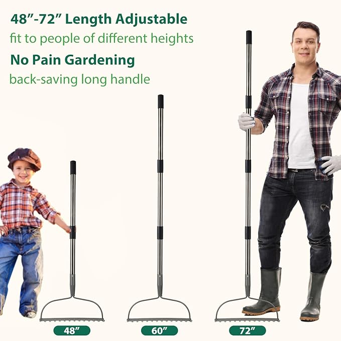 Rake for Leaves, Garden Bow Rake Heavy Duty, 48 in Leaf Rake for Lawns, Back-Saving Metal Rake with 14 Tines Rake Head, Yard Gardening Tools for Loosen Soil, Clear Gravel Grass Rock, Level Mulch