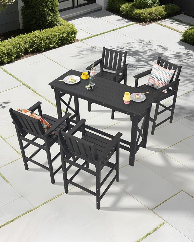 5-Piece HDPE Patio Bar Set, Rectangular Bar Height Table and 4 Adirondack Bar Chairs, All Weather Outdoor Bar Stools Set, Outdoor Bar Table and Chairs Set for Balcony, Pool, Porch, Obsidian