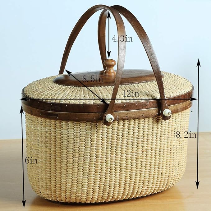 Nantucket Style Basket Picnic Basket Rattan Handmade Products Woven Sewing Storage Basket Two Swing Handles Tote Bag for Women