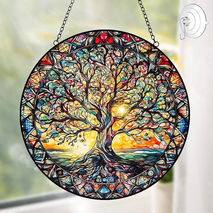 Tree of Life Sun Catcher Stained Glass Window Hanging - Handmade Suncatchers for Windows Hanging Stained Glass Suncatcher - Sun Catchers Indoor Window Wall Home Decor Glass Panel Gift for Women Men