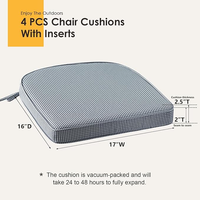 Outdoor Round Corner Seat Cushion, 17"x16"x2", Set of 4, Non Slip Seat Cushion Pads with Removable Cover for Patio Furniture, Garden Yard Lawn, Black White Mini Check